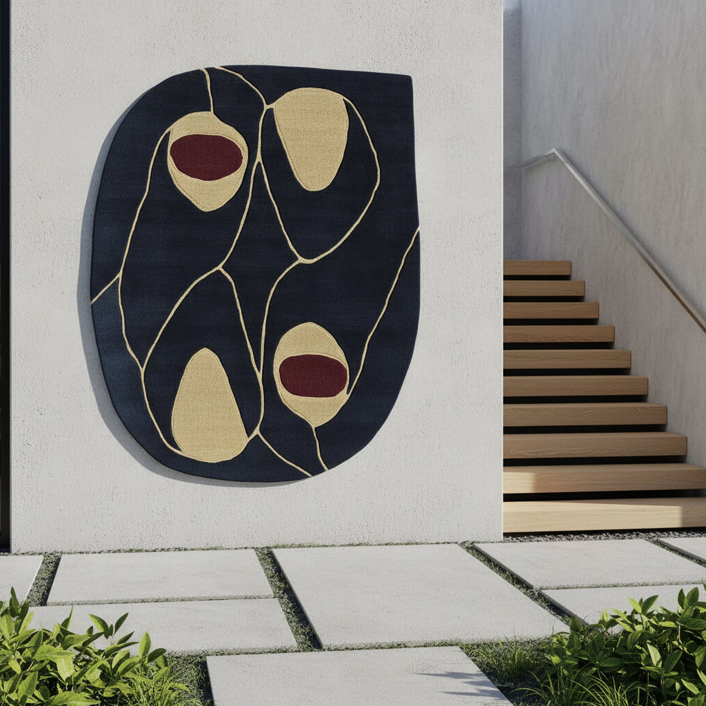 Abstract rug art with geometric design on a light gray wall next to a staircase.
