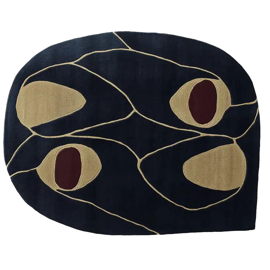 Contemporary wool area rug with abstract design, perfect for large living rooms. The hand-tufted rug features a dark background with organic beige and red shapes, creating a modern and stylish look for any living room space.