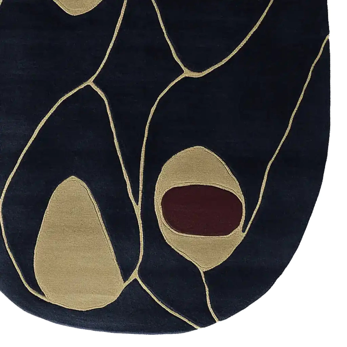 Top view of the Concrete Line Study Hand Tufted Rug, a contemporary area rug featuring abstract patterns in a dark palette. Ideal for large living room spaces, this wool rug adds a modern touch to any interior, perfect for those seeking stylish rugs for the living room.