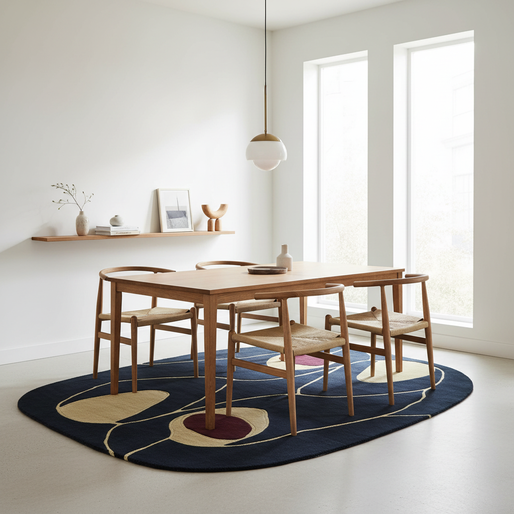 Dining area with wooden table and chairs on a colorful rug in a bright room.