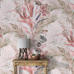 Console with chevron lamp against pink tropic breeze wallpaper, feathery pink fronds close up