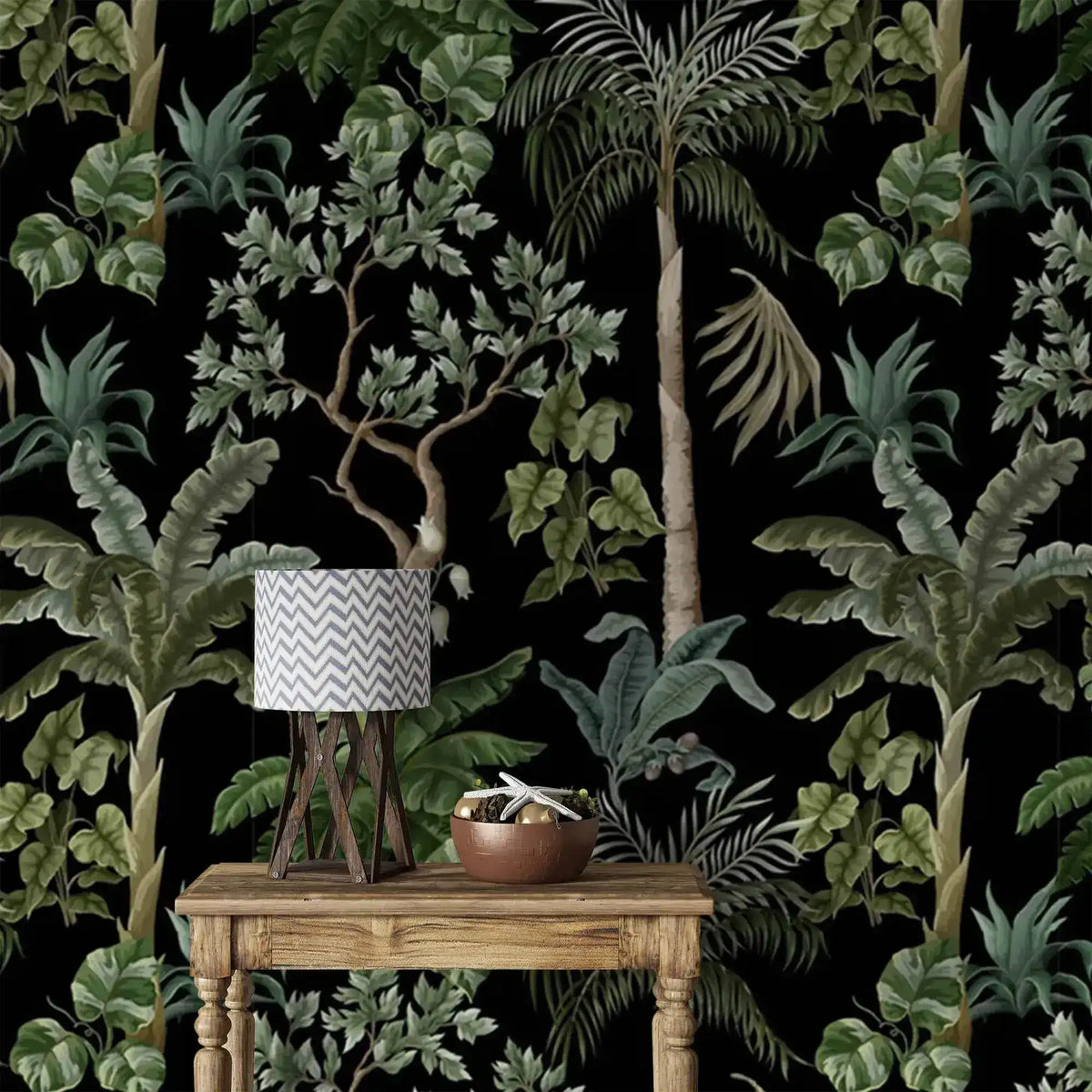 Console with chevron lamp and bowl against jungle foliage wallpaper of palms and trees