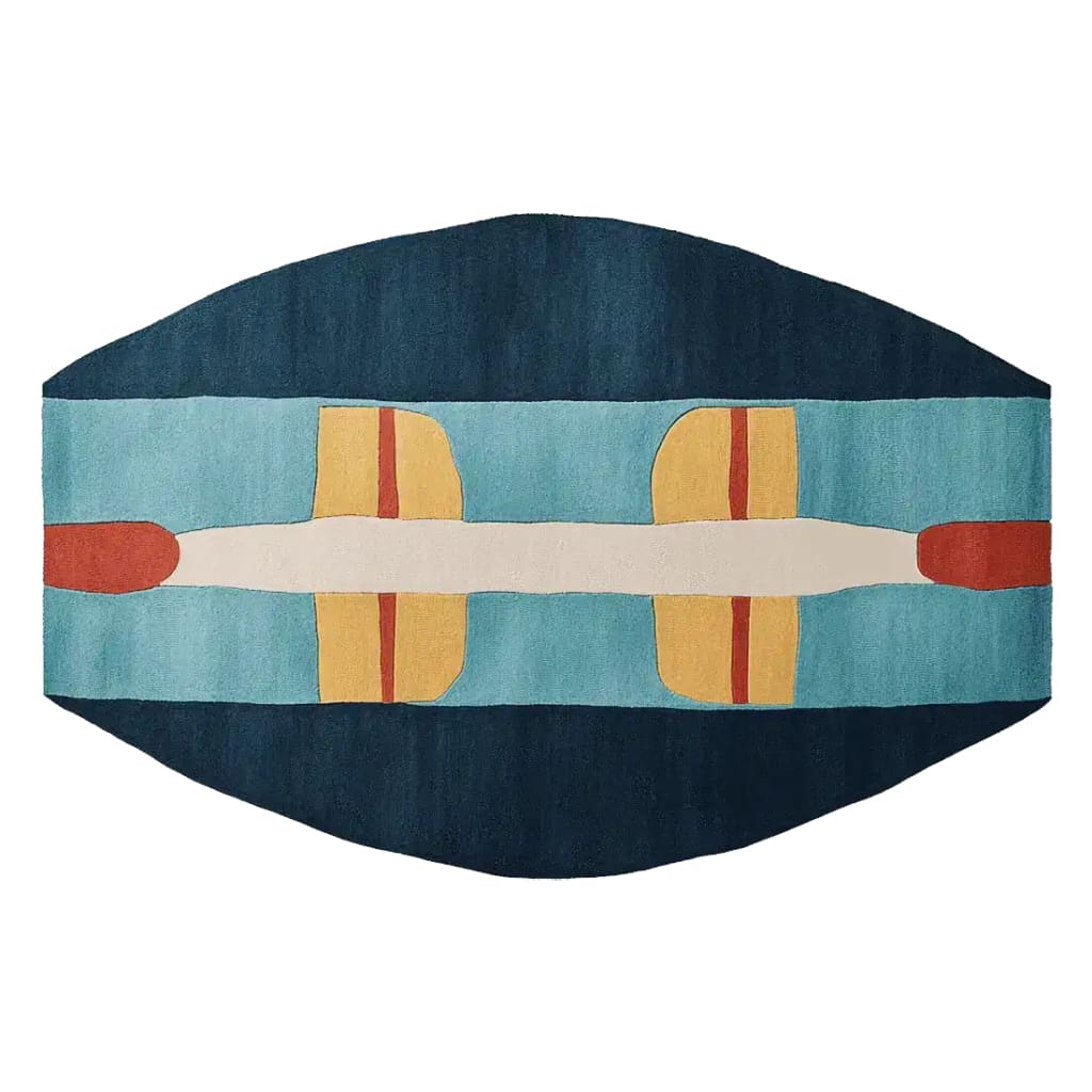 This contemporary area rug showcases a bold, abstract design with contrasting colors. Hand-tufted from premium wool, it features a striking combination of deep blue, light blue, yellow, and red hues, making it an ideal centerpiece for living room area rugs.