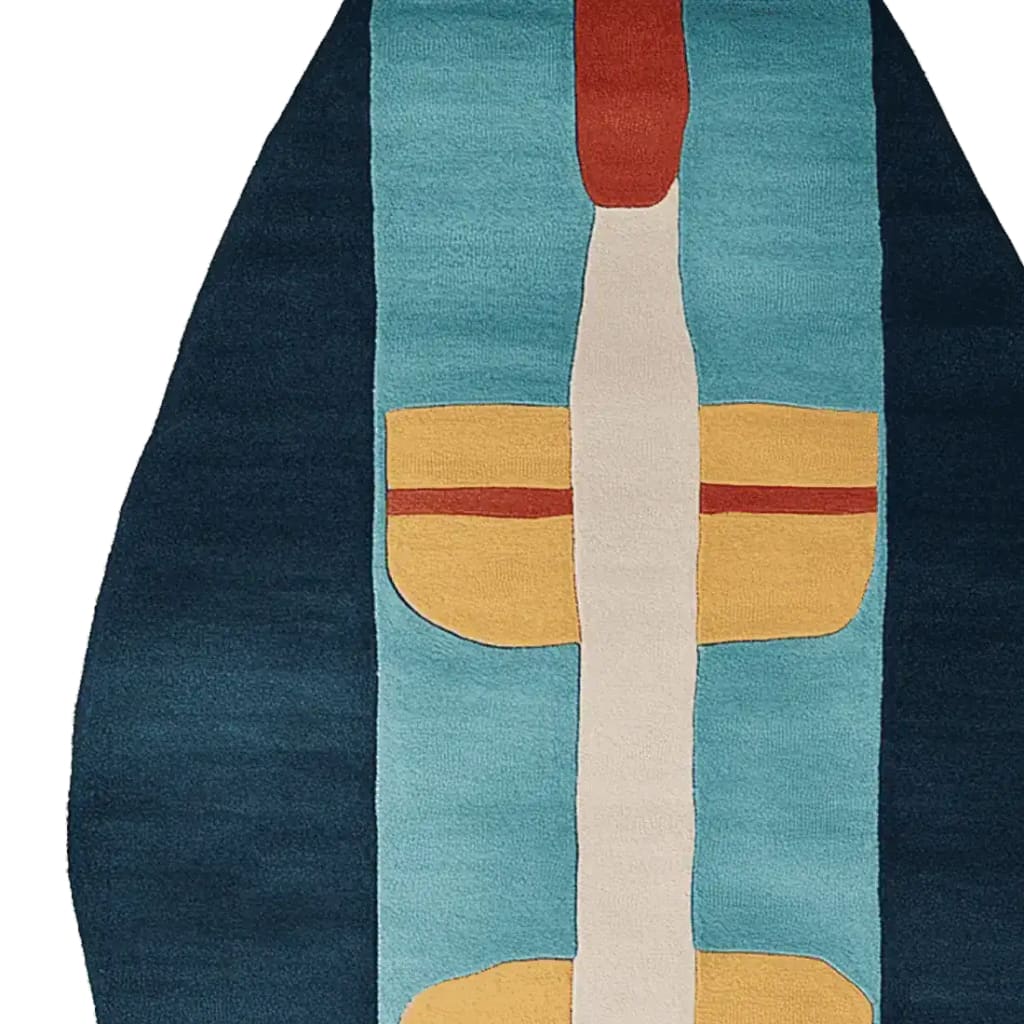 Top view of the Constructive Contrast Curve Hand Tufted Rug, showcasing its abstract design with bold blue, orange, and beige tones. This contemporary wool area rug is perfect for adding a modern touch to living room spaces.