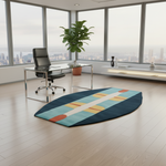 Colorful rug on a wooden floor in an office setting with large windows.