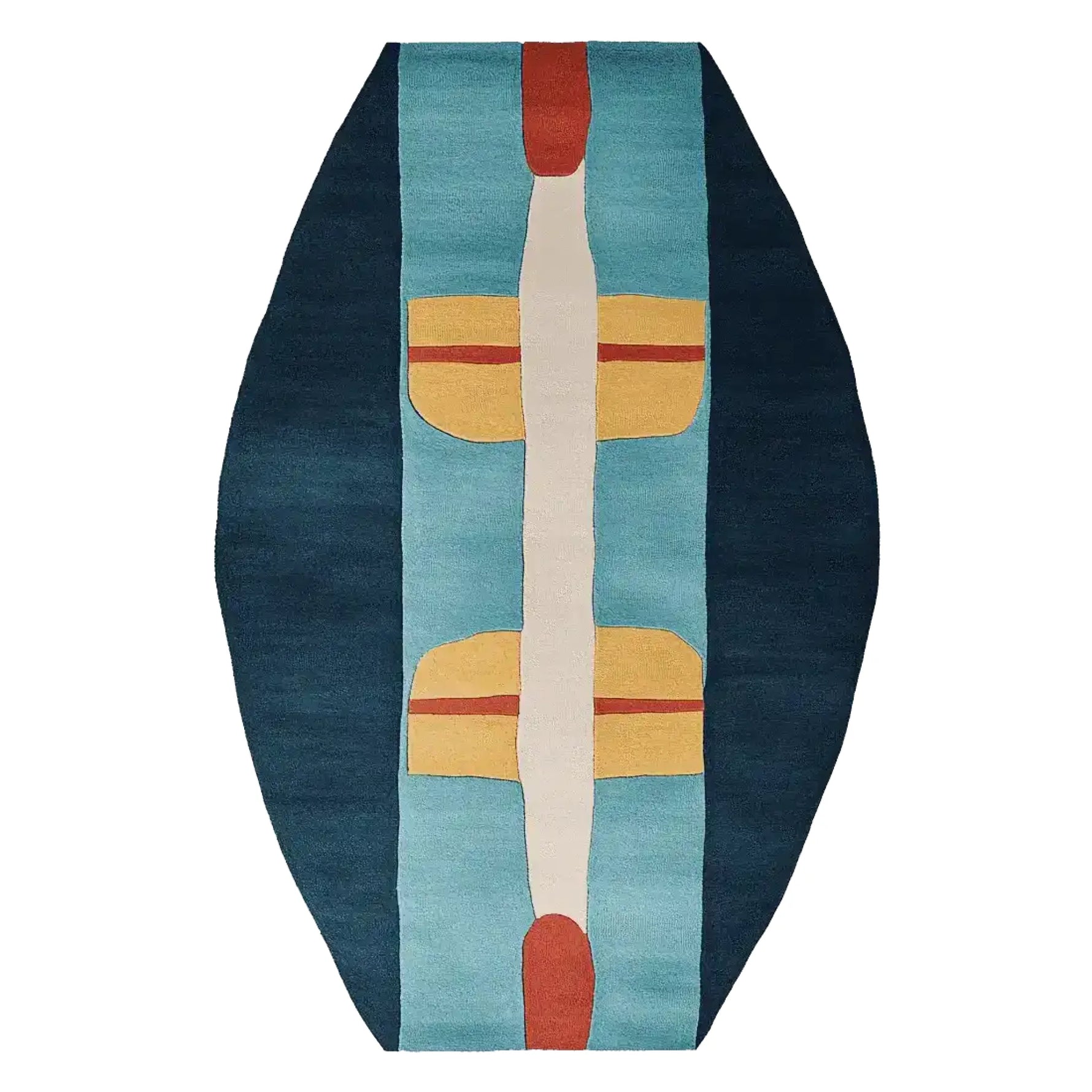 Top view of a Constructive Contrast Curve Hand Tufted Area Rug, showcasing an abstract design with bold colors like blue, yellow, and red, perfect for contemporary living rooms. This wool rug adds a modern touch to any space.