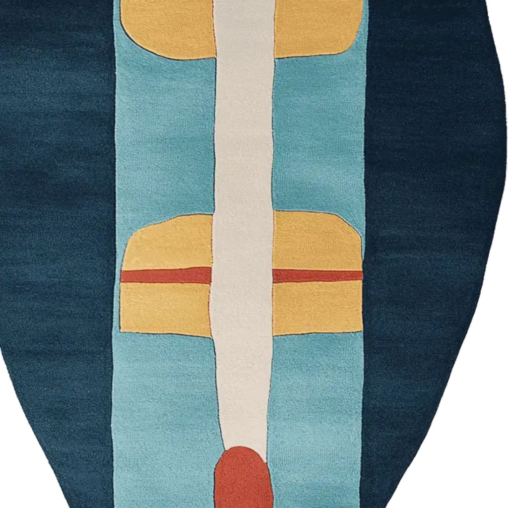 Top view of a Constructive Contrast Curve Hand Tufted Area Rug, showcasing a contemporary abstract design with bold colors. This wool rug features a unique pattern, perfect for modern living room spaces.