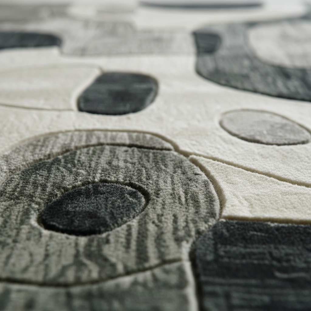 Close-up of interlocking stone pavers with circular patterns rug