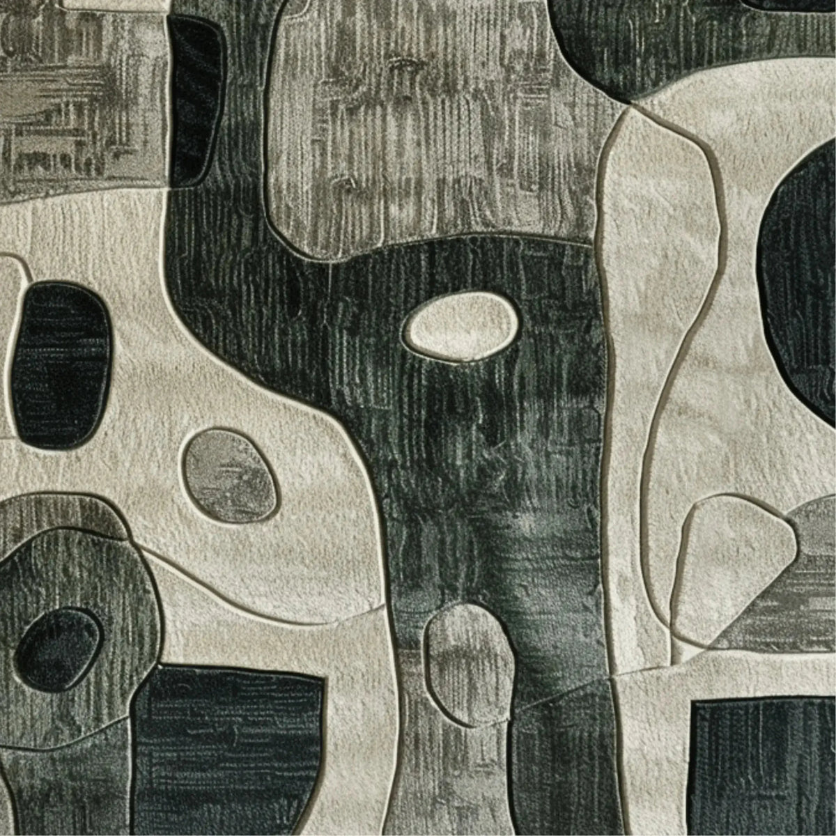 Contemporary charcoal hand tufted area rug showcasing an abstract design with a mix of dark and light tones, perfect for adding sophistication to a bedroom or dining room. This wool rug features a unique pattern that enhances any space, whether used as a dining table rug or as an accent in bedroom rugs.