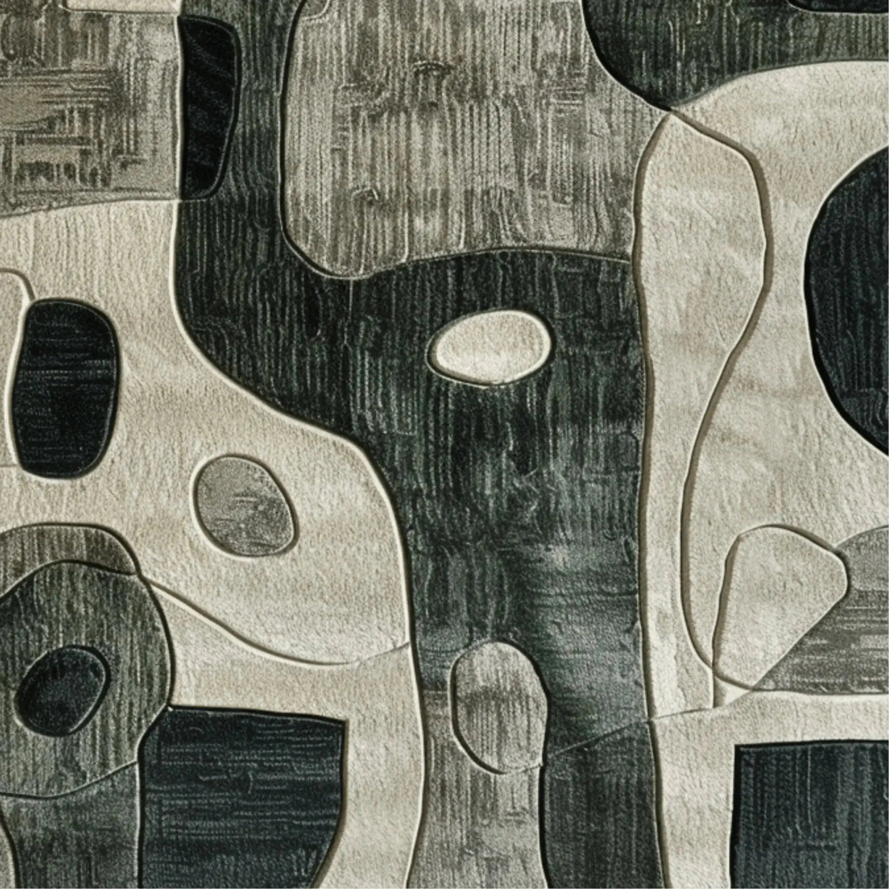 Contemporary charcoal hand tufted area rug showcasing an abstract design with a mix of dark and light tones, perfect for adding sophistication to a bedroom or dining room. This wool rug features a unique pattern that enhances any space, whether used as a dining table rug or as an accent in bedroom rugs.