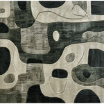 A contemporary charcoal area rug with an abstract design in shades of gray and black, perfect for enhancing the modern aesthetic of a bedroom or dining room. This hand-tufted wool rug features an intricate pattern that adds a sophisticated touch, making it an ideal choice for under a dining table or as a statement piece in any bedroom setting.