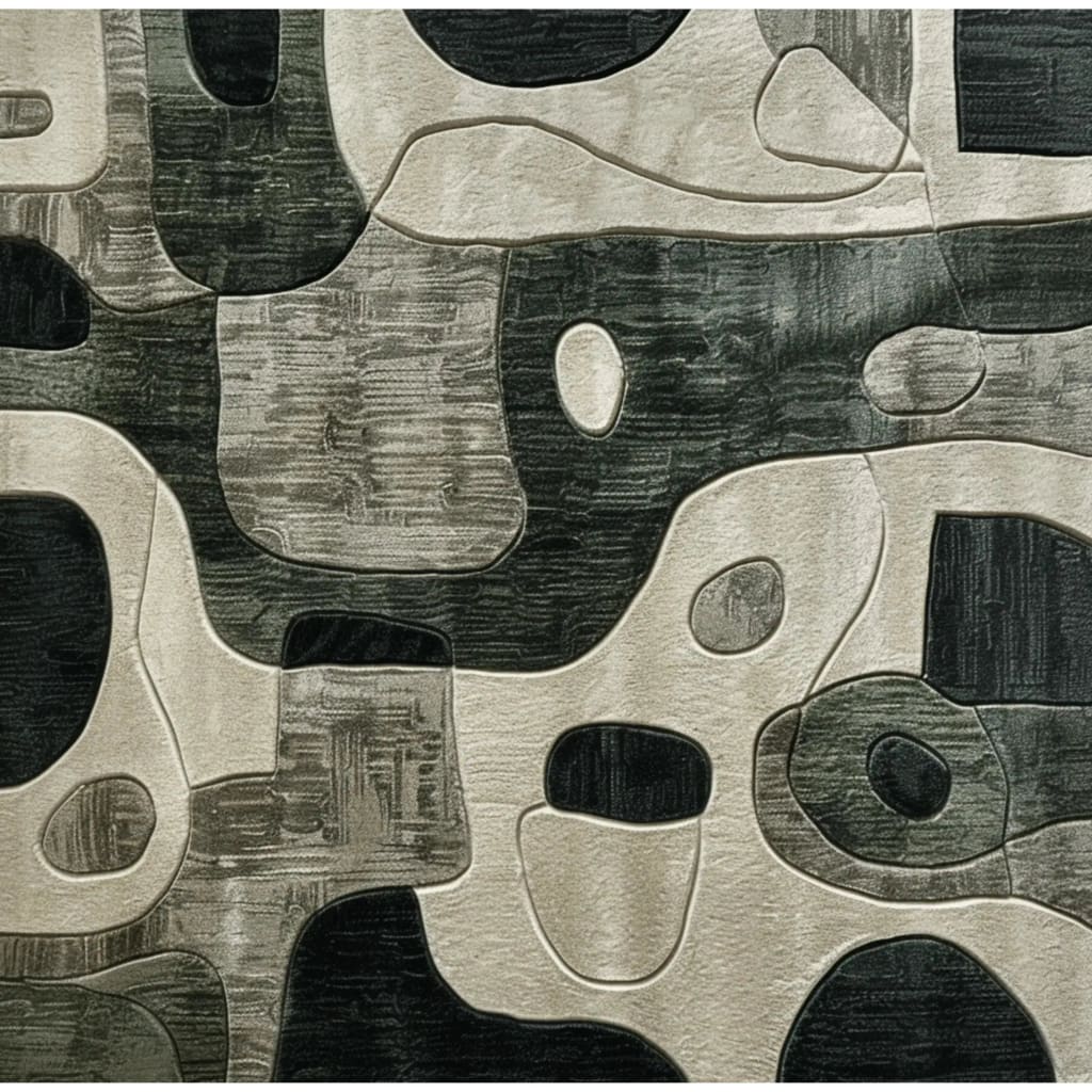 A contemporary charcoal area rug with an abstract design in shades of gray and black, perfect for enhancing the modern aesthetic of a bedroom or dining room. This hand-tufted wool rug features an intricate pattern that adds a sophisticated touch, making it an ideal choice for under a dining table or as a statement piece in any bedroom setting.