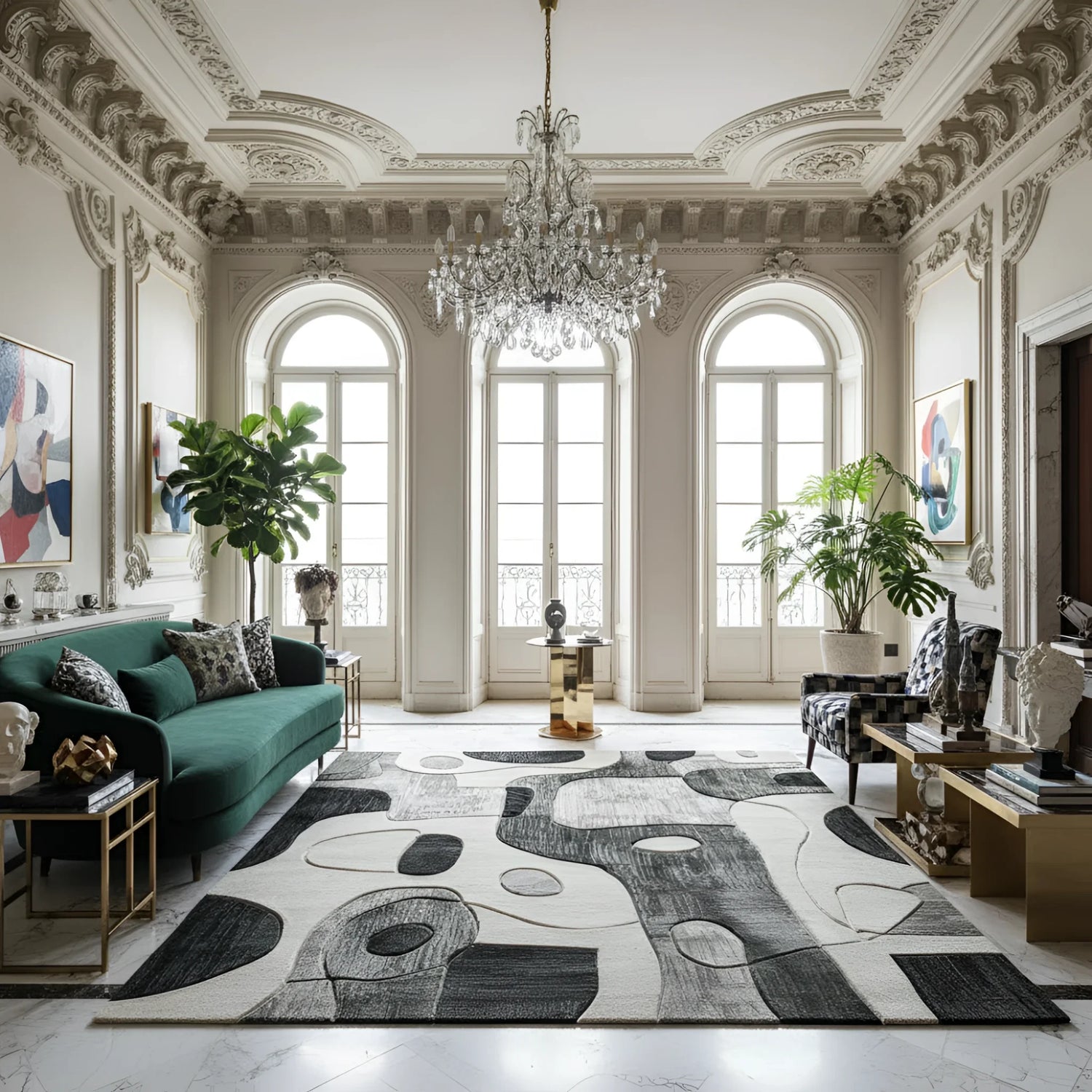 Luxurious living room with ornate ceiling, large windows, and decorative rug.
