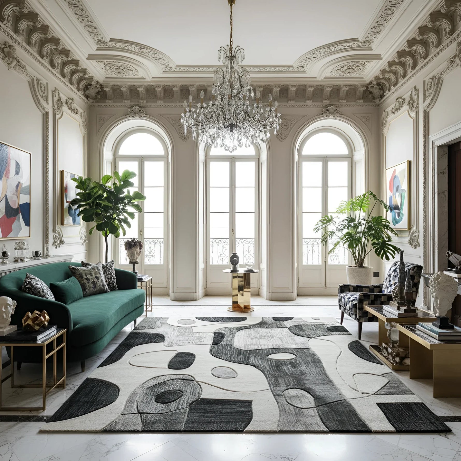 Luxurious living room with ornate ceiling, large windows, and decorative rug.