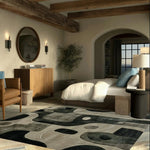 Contemporary Charcoal rug in a rustic bedroom, abstract charcoal and cream organic shapes