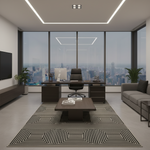 Modern office space with a large desk, chair, and cityscape view.