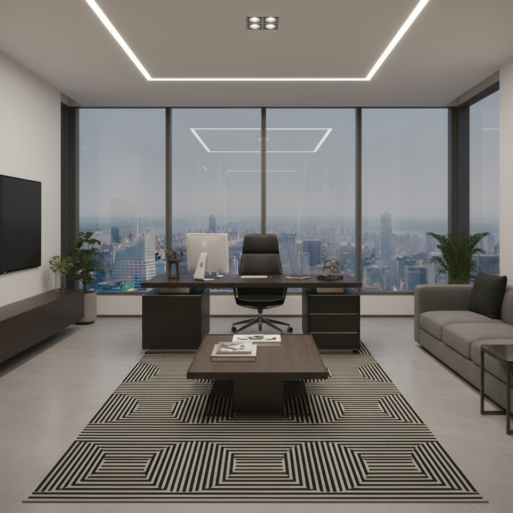 Modern office space with a large desk, chair, and cityscape view.