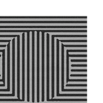 Top view of a contemporary area rug featuring an illusion pattern with black and white geometric lines. This hand-tufted wool rug is perfect for adding a modern touch to your office or living room decor.