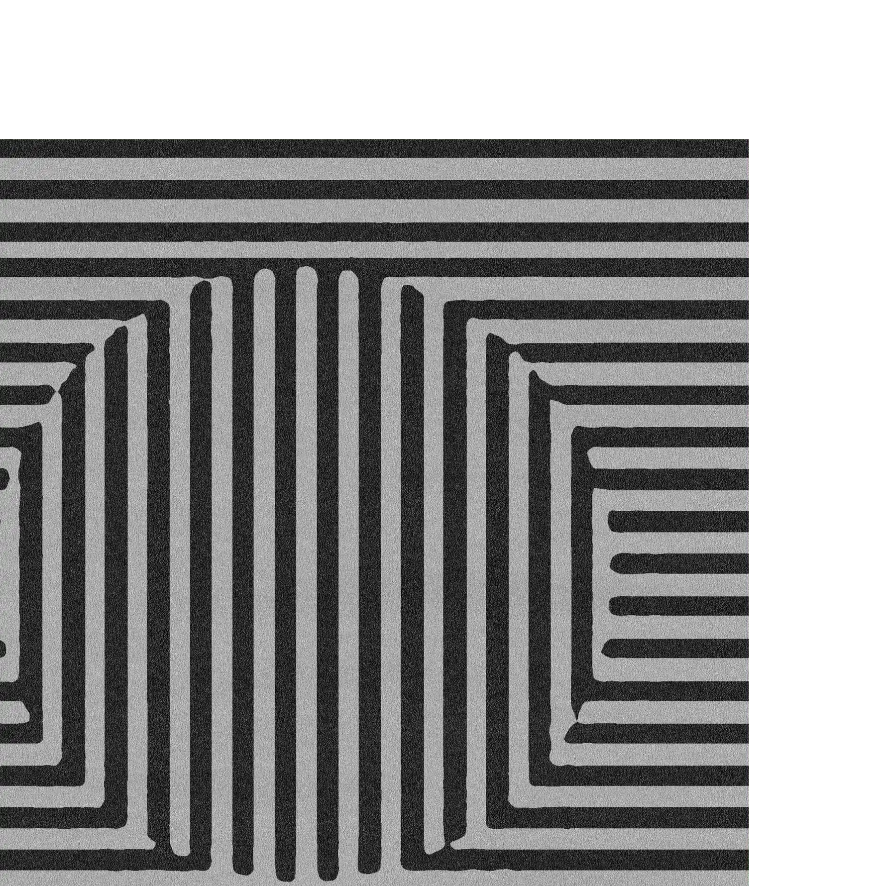 Top view of a contemporary area rug featuring an illusion pattern with black and white geometric lines. This hand-tufted wool rug is perfect for adding a modern touch to your office or living room decor.