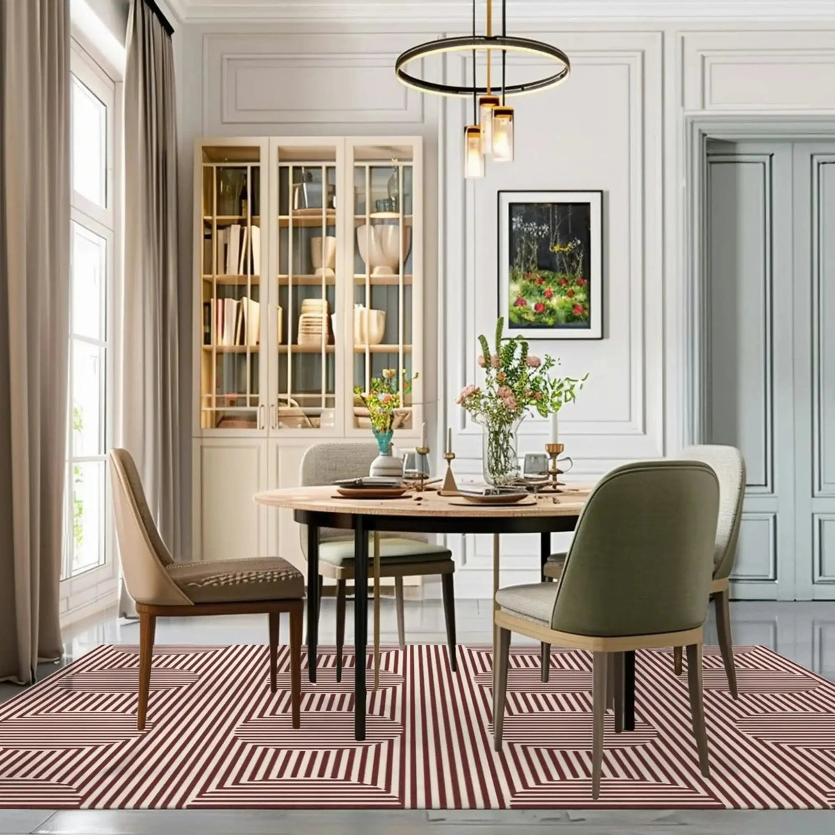 Modern dining room featuring a Contemporary Eclipse Illusion Hand Tufted Wool Rug in red. This large area rug enhances the sophisticated living room, with its striking geometric patterns. Perfect for those seeking stylish area rugs for living room settings.