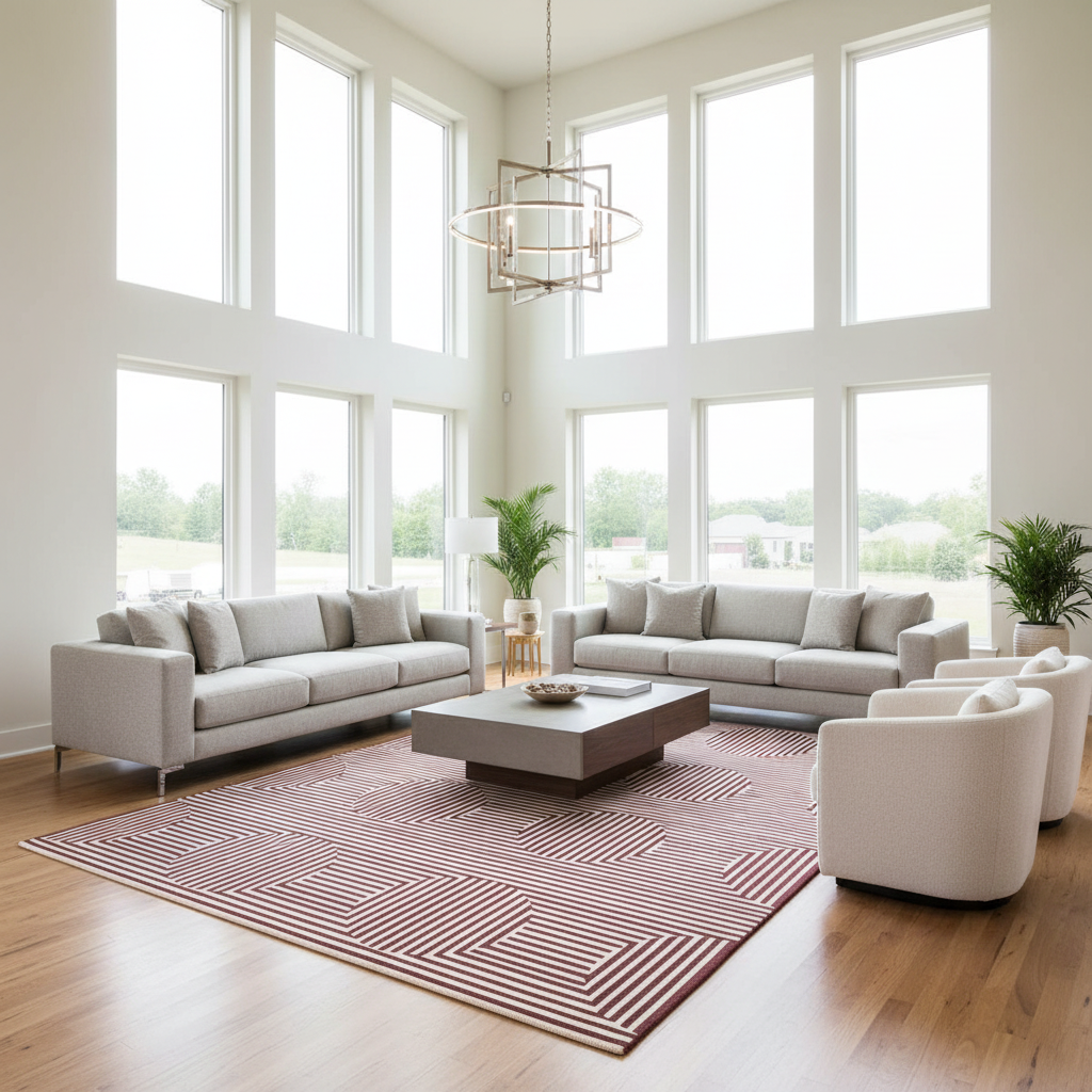 Modern living room with large red geometric rug, windows, gray sofas, and a coffee table.