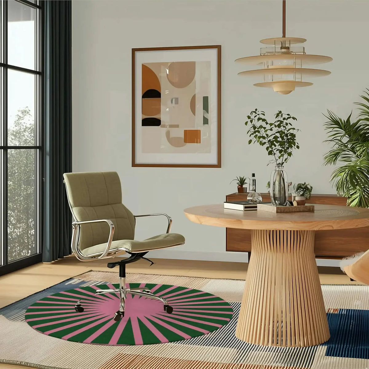 A stylish living room featuring a contemporary green and pink round hand-tufted wool area rug. This vibrant round rug adds a pop of color, perfect for modern living rooms. The image shows the rug under a sleek chair and near a wooden table, surrounded by elegant decor, embodying the ideal area rug for living room settings.