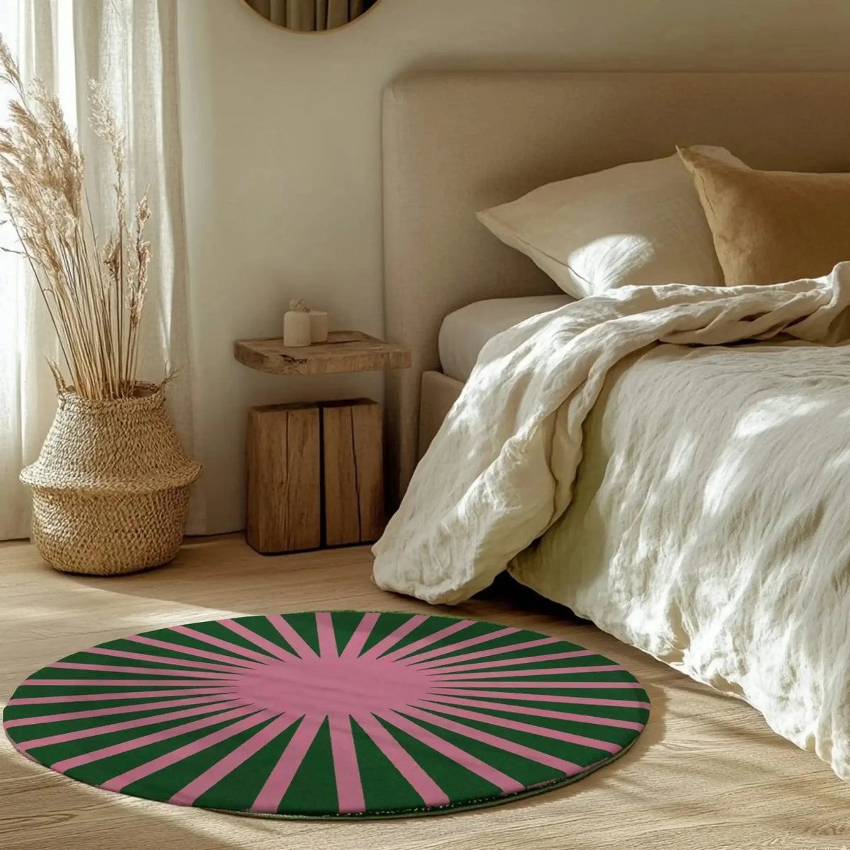 A contemporary area rug with a striking green and pink ray design, perfect for adding a modern touch to living rooms. This round wool rug is hand-tufted, offering both style and comfort. Ideal as a centerpiece in any living room setting, enhancing the decor with its vibrant colors and unique pattern.