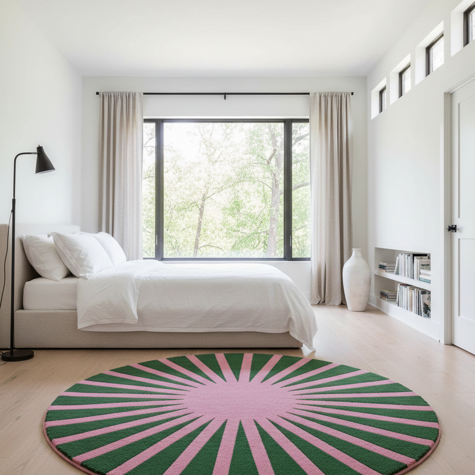 Contemporary Green and Pink Ray Round Hand Tufted Wool Rug