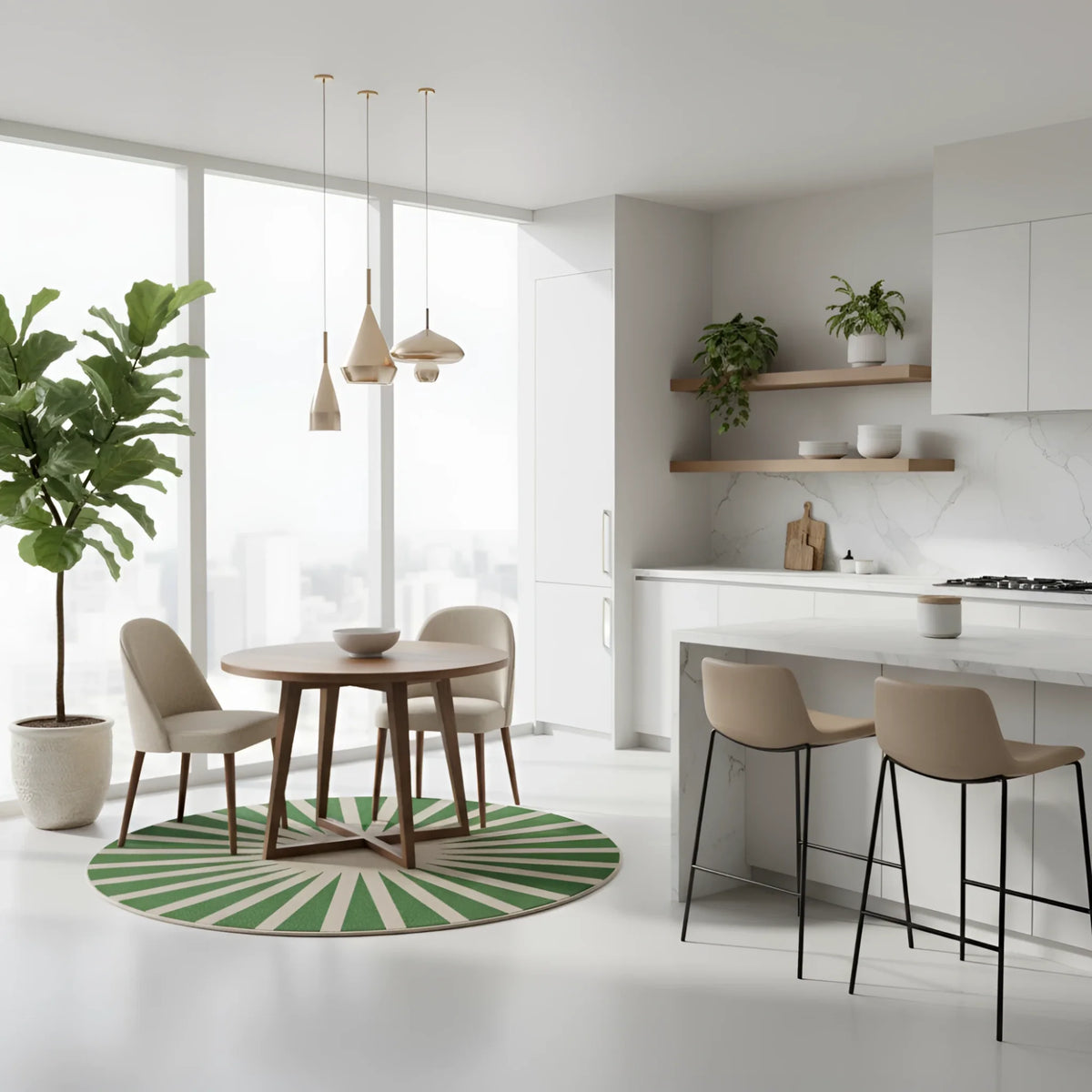 Modern kitchen and dining area with wooden table, chairs, and decorative green round rug.