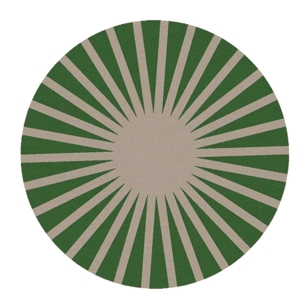 Contemporary green and tan ray design round area rug, hand tufted in wool. Perfect for large spaces like the living room or bedroom, this large area rug adds a modern touch to your home decor.