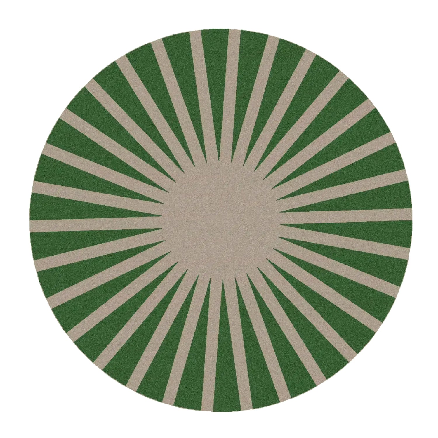 Contemporary green and tan ray design round area rug, hand tufted in wool. Perfect for large spaces like the living room or bedroom, this large area rug adds a modern touch to your home decor.