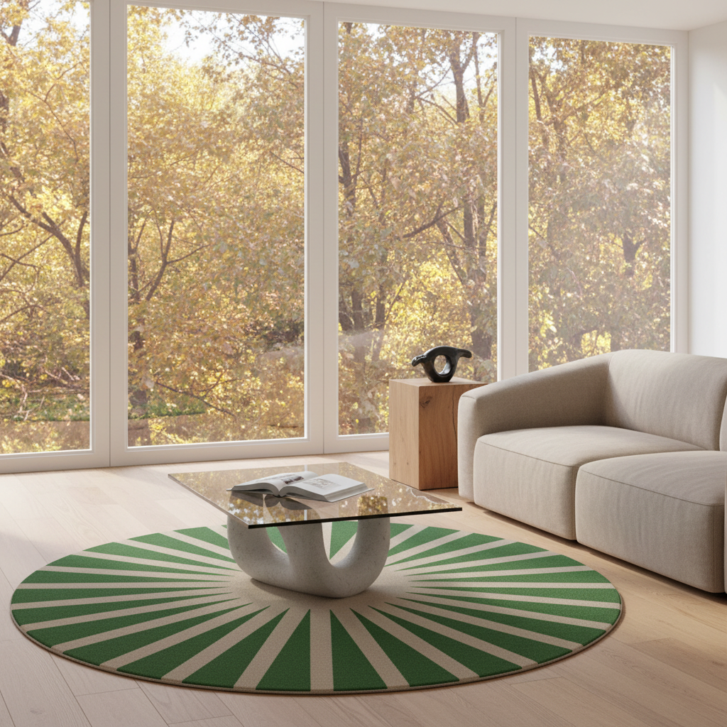 Contemporary Green and Tan Ray Round Hand Tufted Wool Rug
