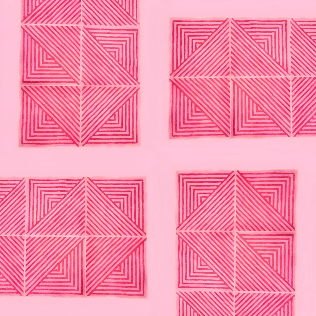 A vibrant contemporary hot pink geometric area rug, perfect for large living room rugs or dining room carpets. The hand-tufted wool rug features intricate square and triangular patterns, adding a modern touch to any dining room or living room setting.