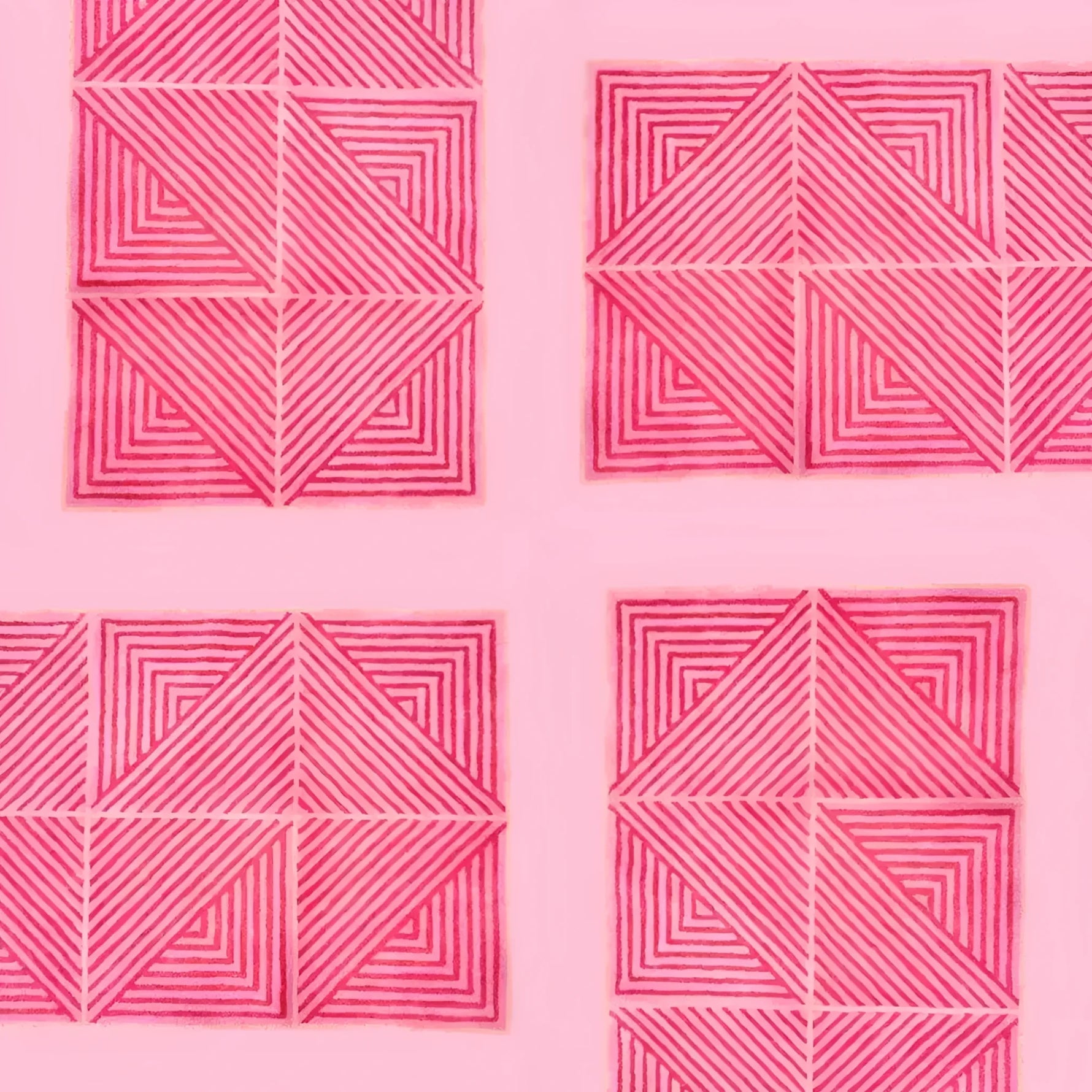 A vibrant contemporary hot pink geometric area rug, perfect for large living room rugs or dining room carpets. The hand-tufted wool rug features intricate square and triangular patterns, adding a modern touch to any dining room or living room setting.