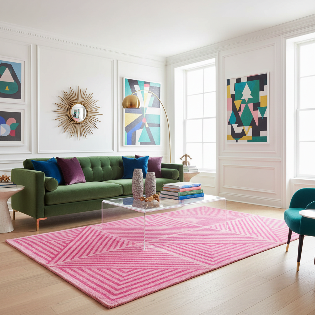 Modern living room with a green sofa, pink rug, and abstract art on white walls.