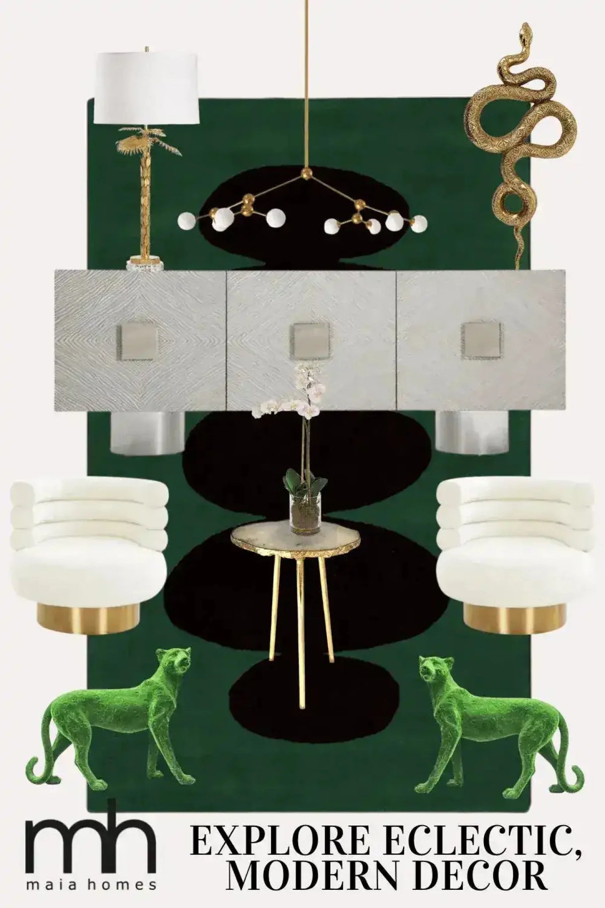 A stylish contemporary area rug with a pebble stone design in rich green and black hues, perfectly suited for a formal dining room. The hand-tufted wool rug adds an elegant touch to the modern decor, featuring chic furniture and unique decorative pieces.