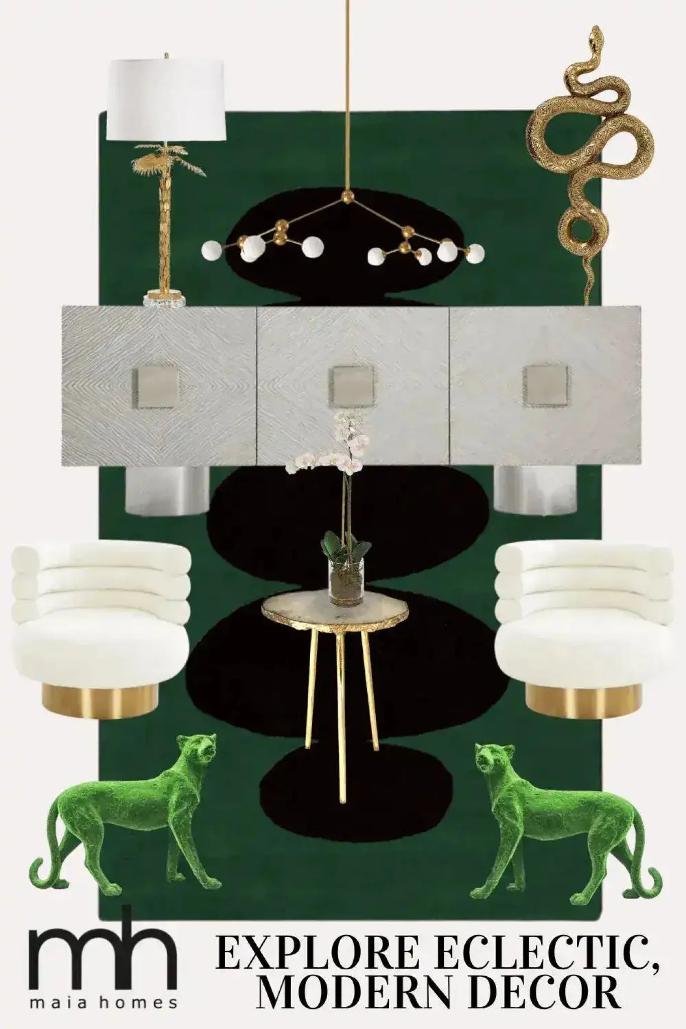 A stylish contemporary area rug with a pebble stone design in rich green and black hues, perfectly suited for a formal dining room. The hand-tufted wool rug adds an elegant touch to the modern decor, featuring chic furniture and unique decorative pieces.