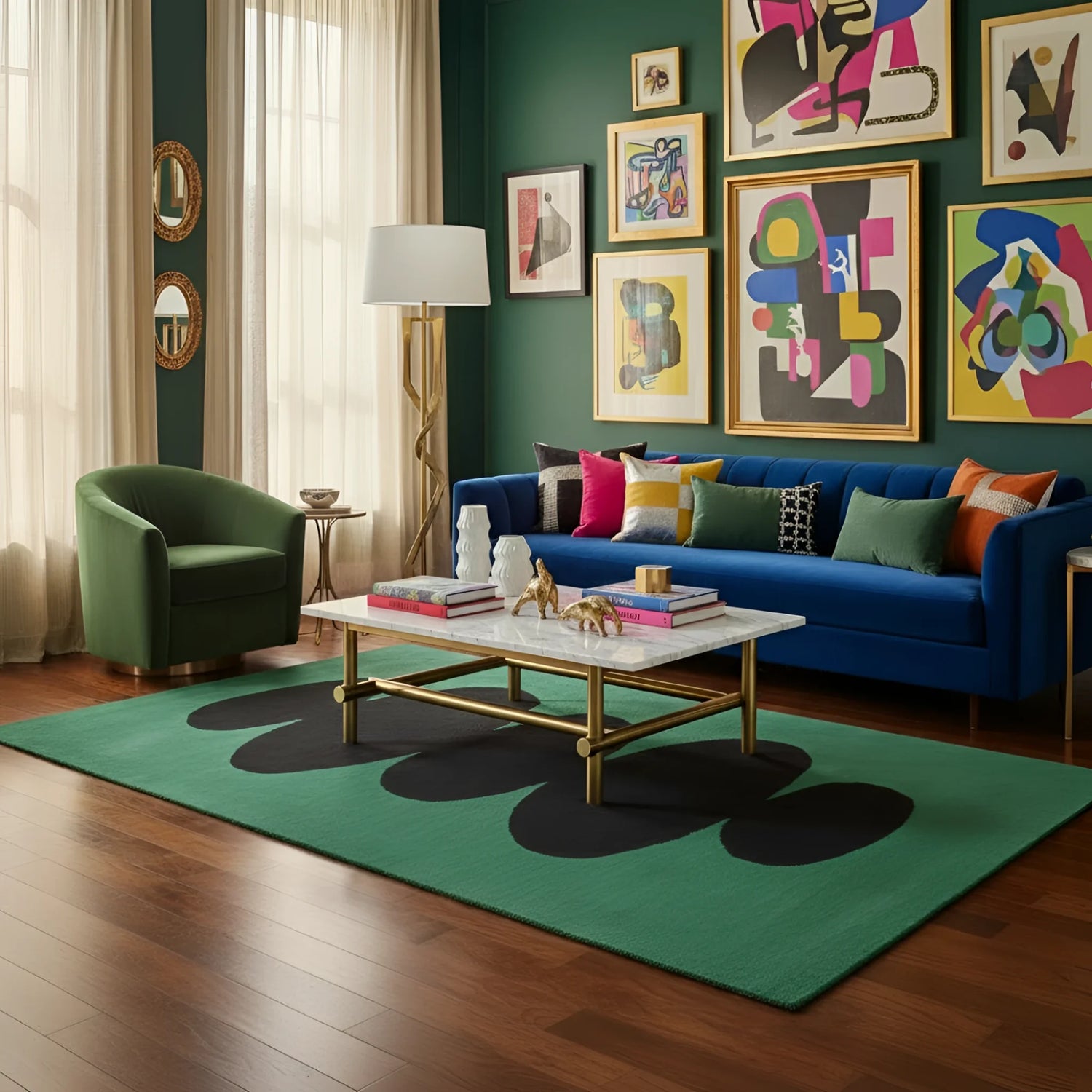 Modern living room with a blue sofa, green armchair, and colorful abstract rug, colorful art on the wall.