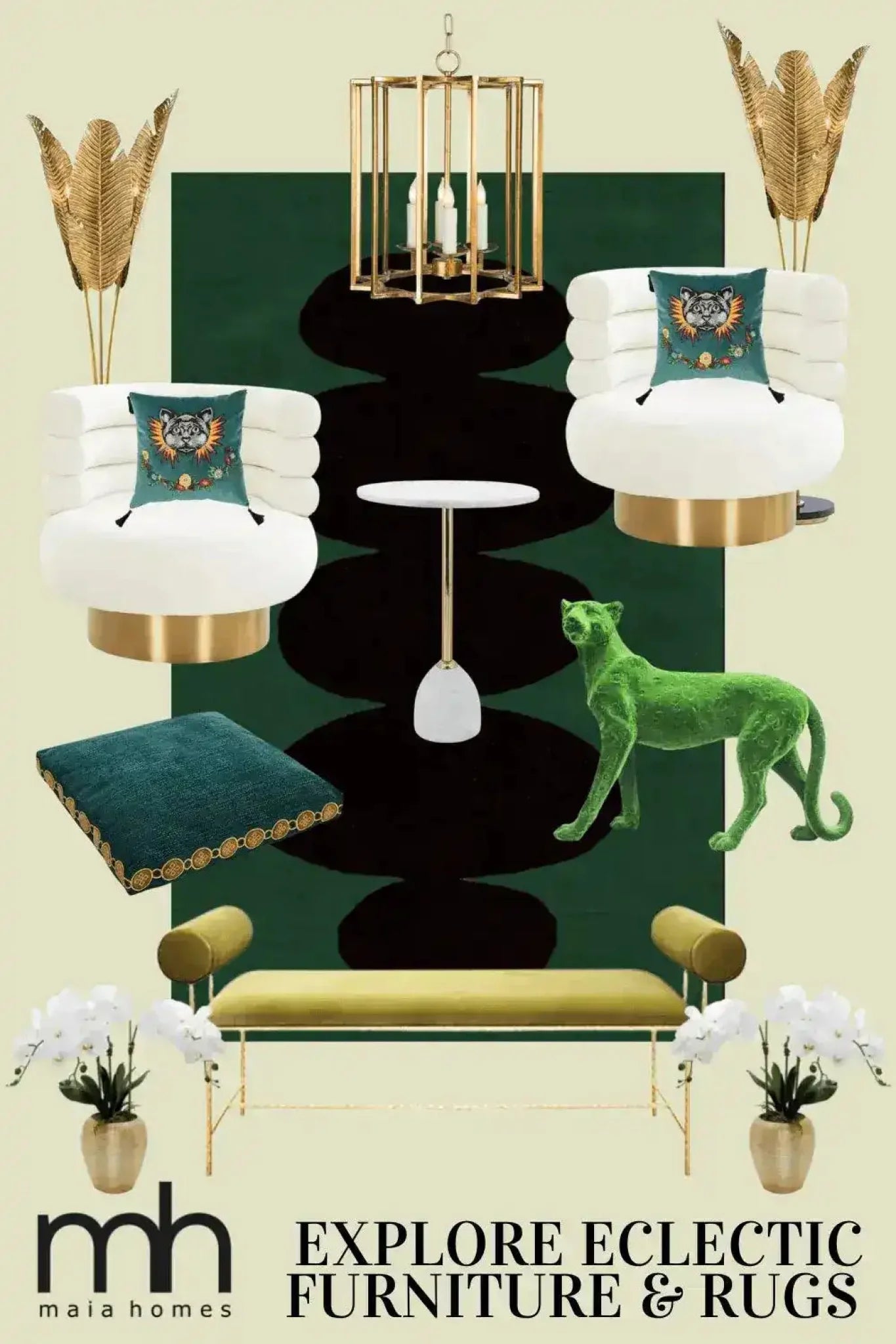 Explore a chic setting with a Contemporary Pebble Stone Art Hand Tufted Wool Rug. The area rug, perfect for a formal dining room, features a striking abstract pattern in deep green and black, surrounded by elegant furniture and decor, including white chairs, a modern table, and gold accents.