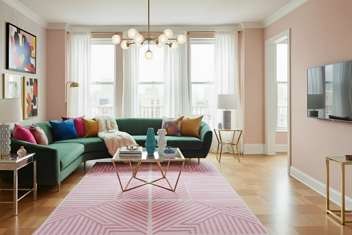 Modern living room with a green sofa, colorful pillows, and a pink geometric hand tufted rug.
