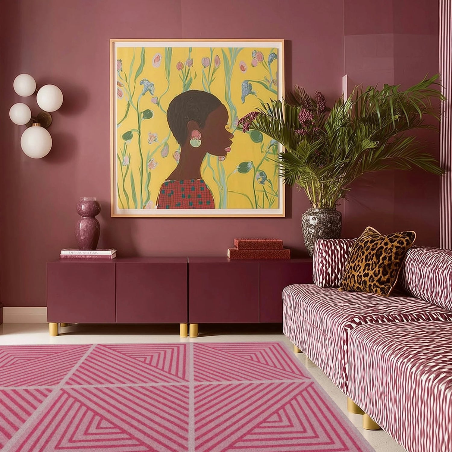 Contemporary pink geometric wool rug with bold pink diamond stripes under patterned sofa in a mauve room with art.