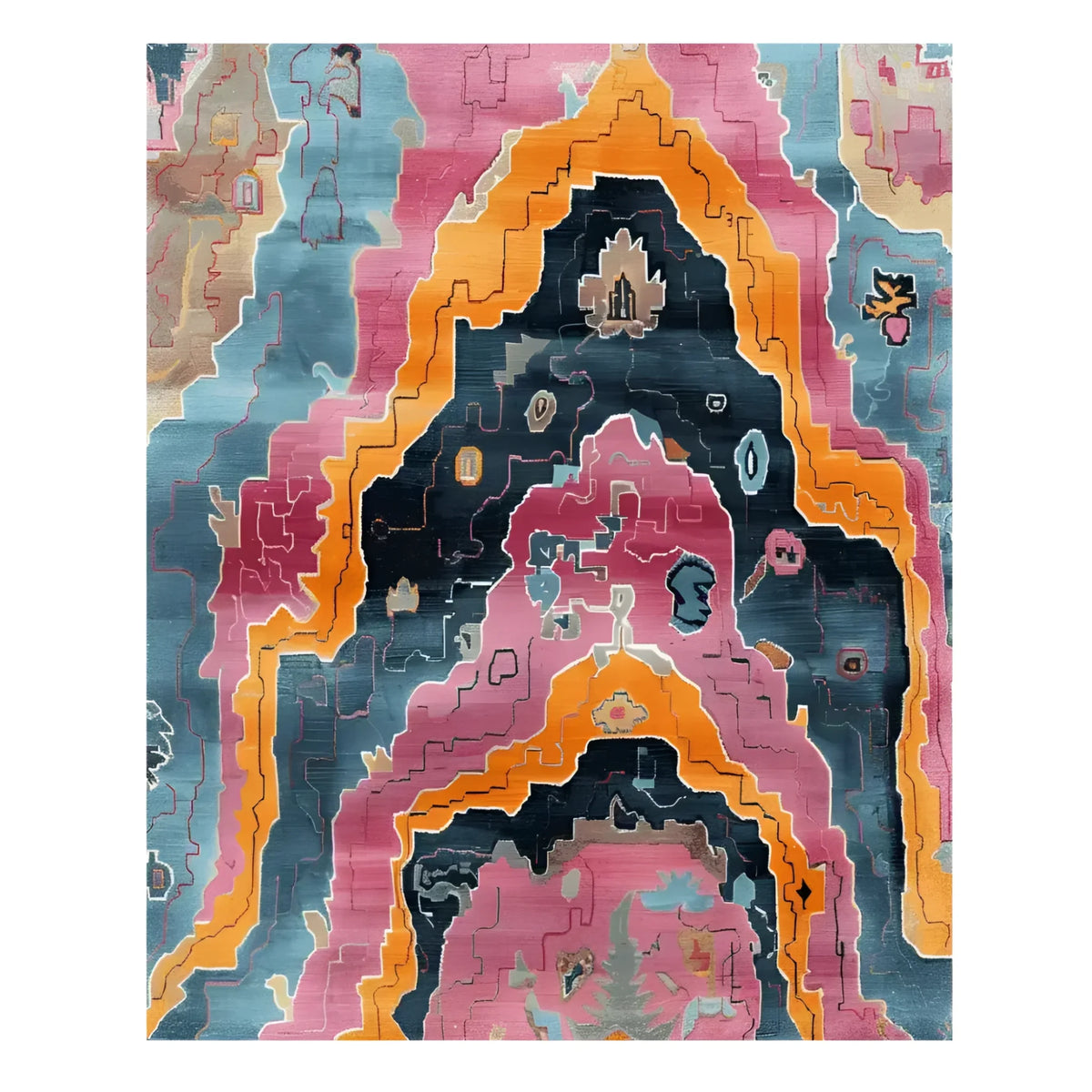 Vibrant Contemporary Prismatic Peaks Hand Knotted Area Rug featuring abstract patterns in bold colors. This wool rug is perfect for adding a splash of color to any living room. Its contemporary design offers a unique and artistic flair.