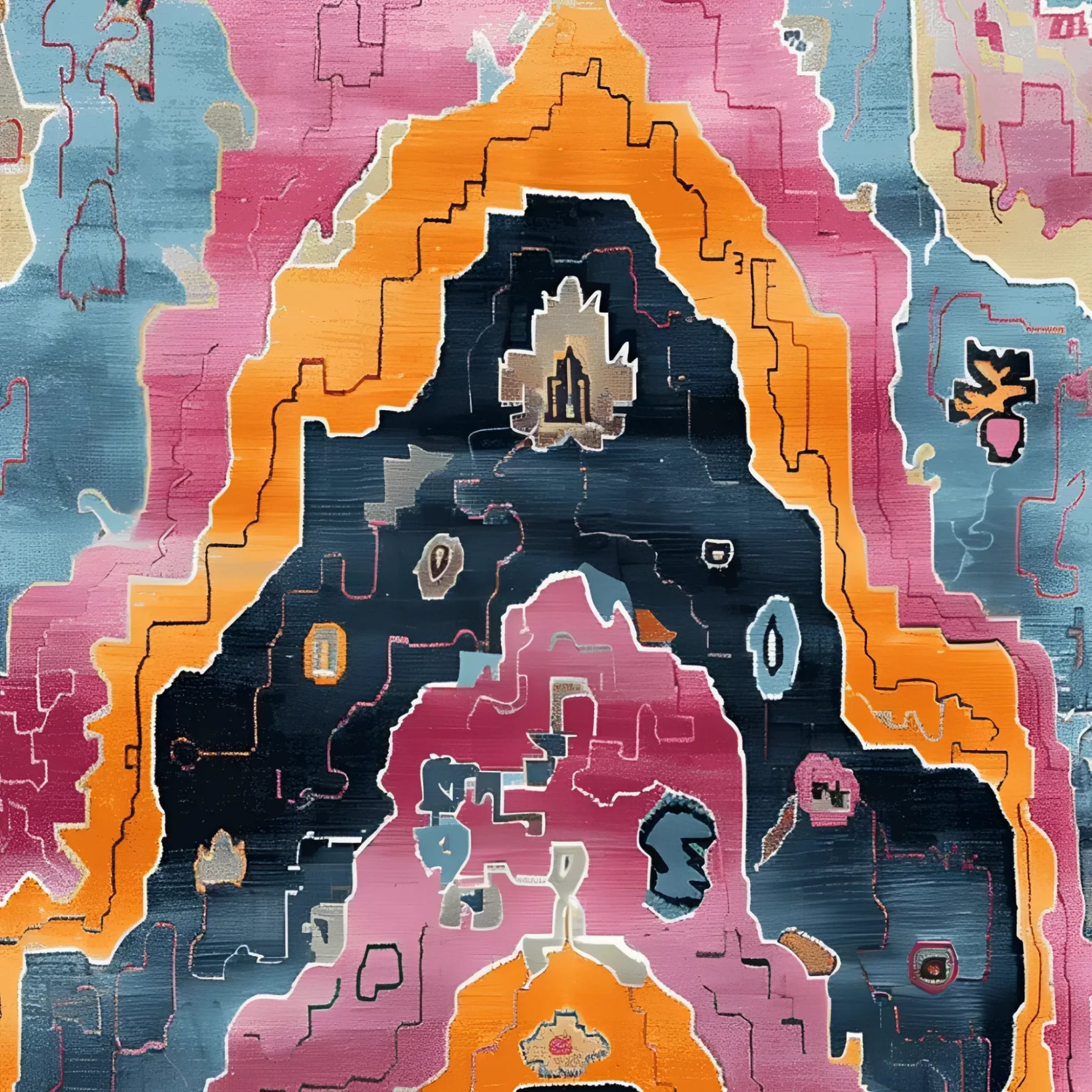 Vibrant contemporary area rug with an abstract prismatic design, featuring bold colors like orange, pink, blue, and black. This hand-knotted wool rug is perfect for adding a modern touch to any living room.