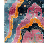 Vibrant contemporary area rug with an abstract design in shades of pink, orange, and blue. Perfect wool rug for adding a modern touch to your living room decor.
