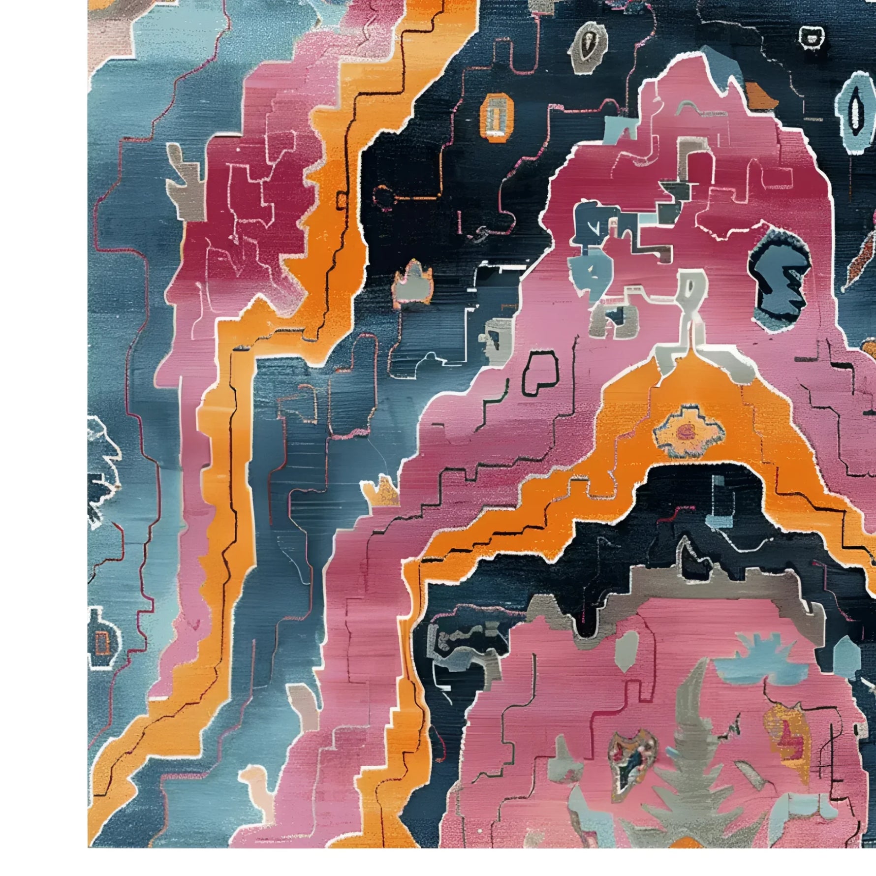 Vibrant contemporary area rug with an abstract design in shades of pink, orange, and blue. Perfect wool rug for adding a modern touch to your living room decor.