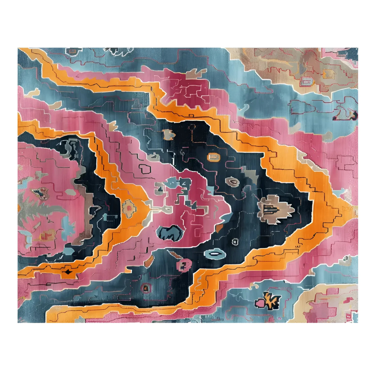 Vibrant contemporary area rug featuring a colorful abstract design with bold hues of pink, orange, and blue. This hand-knotted wool rug is perfect for adding a modern touch to any living room.