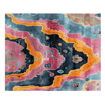 Vibrant contemporary area rug featuring a colorful abstract design with bold hues of pink, orange, and blue. This hand-knotted wool rug is perfect for adding a modern touch to any living room.