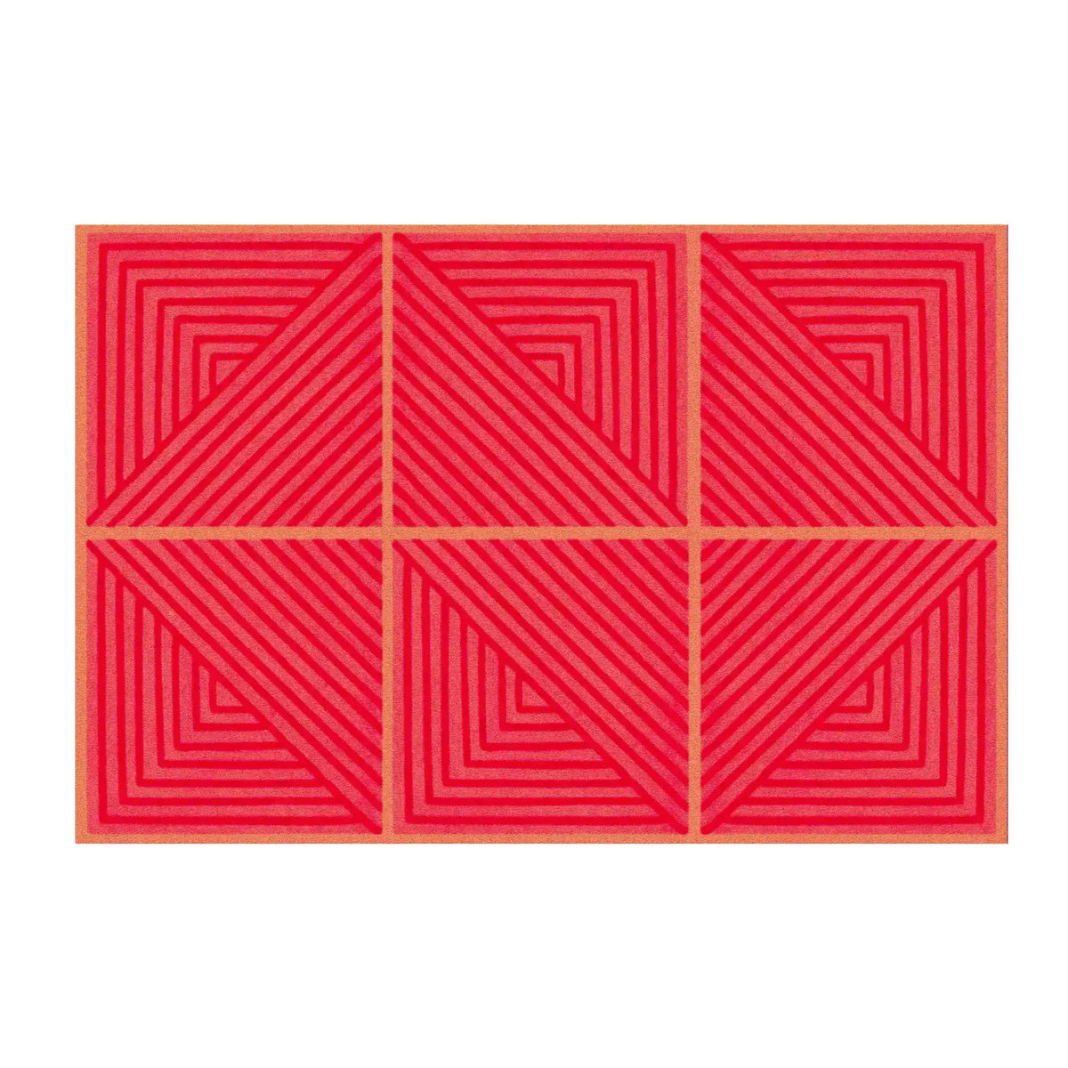 Top view of a contemporary red geometric area rug, hand-tufted from wool, featuring bold triangular and square patterns. Perfect for adding a vibrant touch to dining room area rugs.