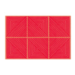 Top view of a contemporary red geometric area rug, hand-tufted from wool, featuring bold triangular and square patterns. Perfect for adding a vibrant touch to dining room area rugs.