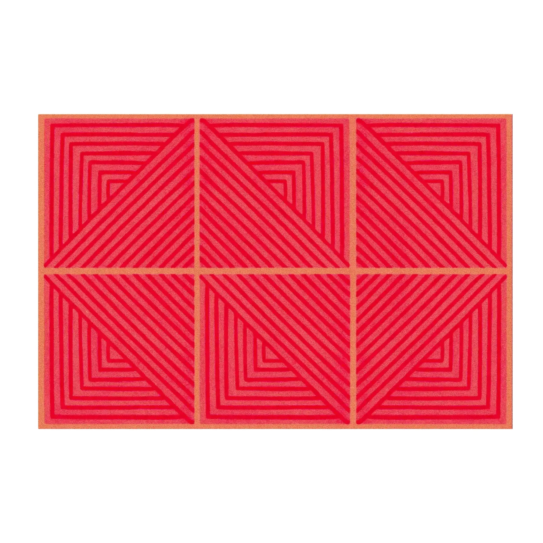 Top view of a contemporary red geometric area rug, hand-tufted from wool, featuring bold triangular and square patterns. Perfect for adding a vibrant touch to dining room area rugs.